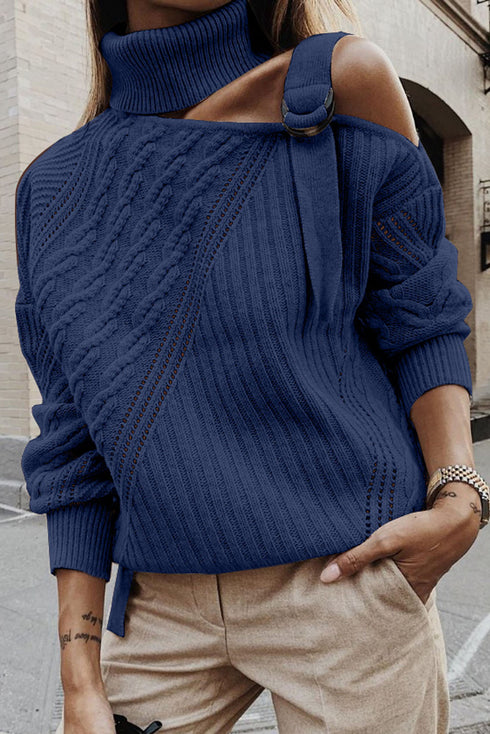 Strapped Cut Out Shoulder Turtleneck Sweater